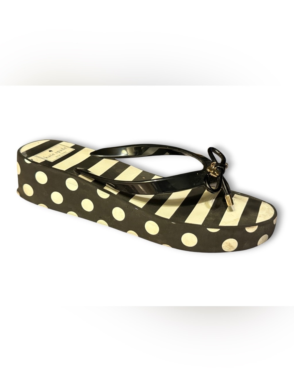 Kate Spade New York Wedge Thong Sandals Black White Striped with Spade Charms - Picture 1 of 8